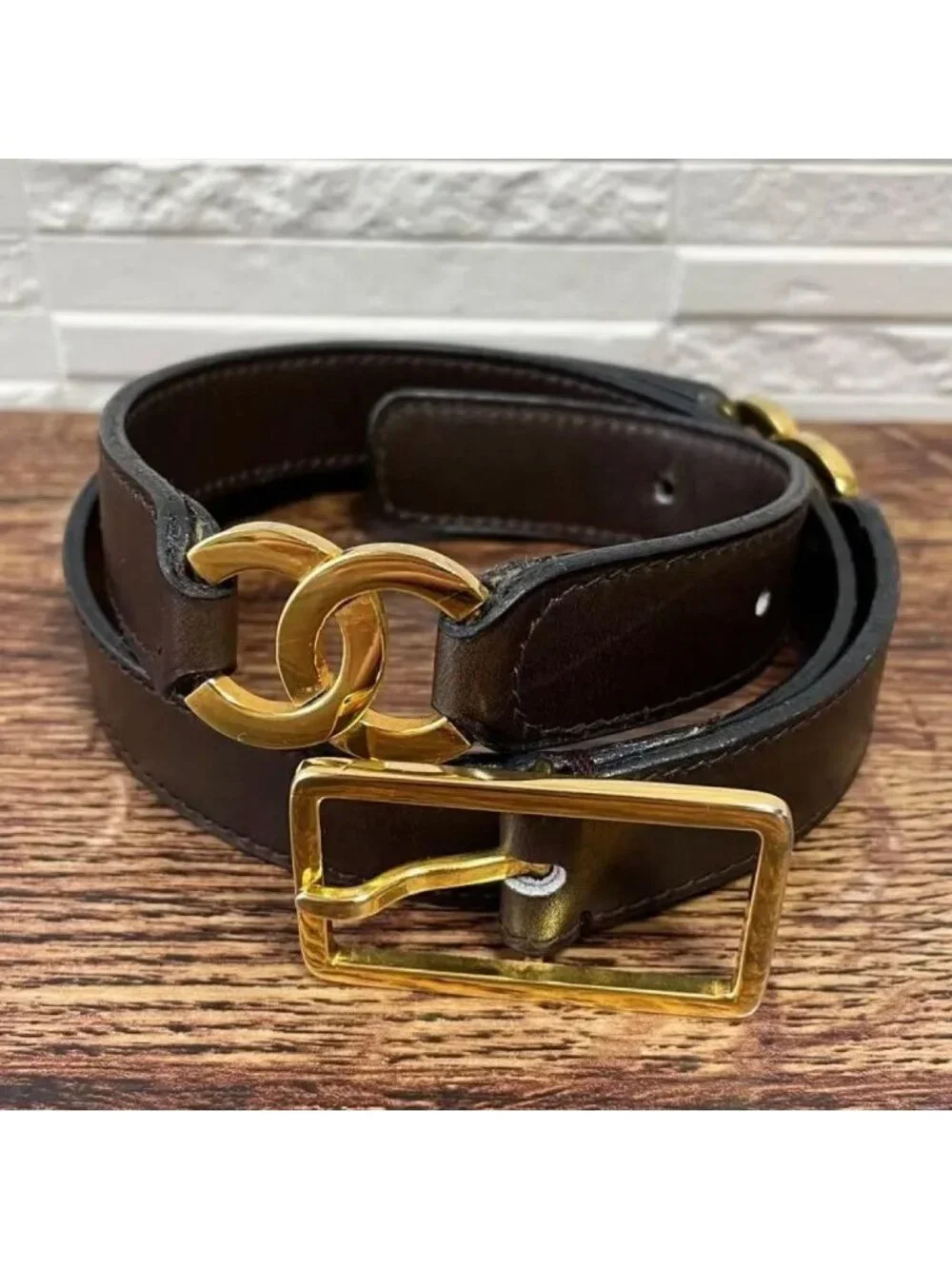 Chanel Leather Belt Double CC Logo Gold Brown